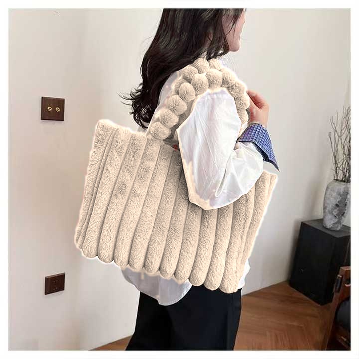 Plush Faux Fur Statement Tote – Oatmeal Beige