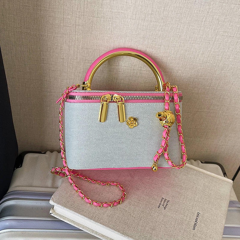 Denim Vanity Box Bag – Ice Blue & Neon Pink angle view
