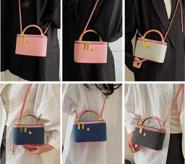Denim Vanity Box Bag – Indigo & Neon Pink angle view