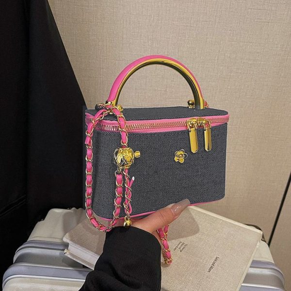 Denim Vanity Box Bag – Washed Charcoal & Neon Pink