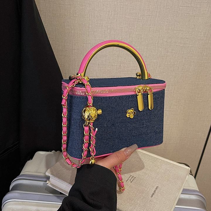 Denim Vanity Box Bag – Indigo & Neon Pink