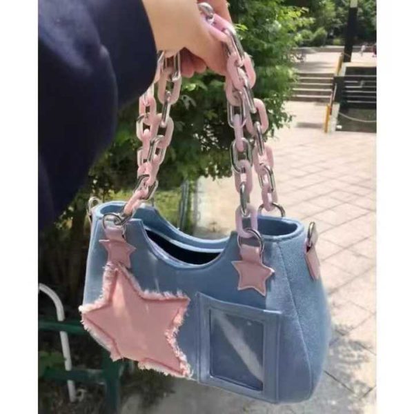 Star Patch Denim Shoulder Bag – Light Blue & Pastel Pink