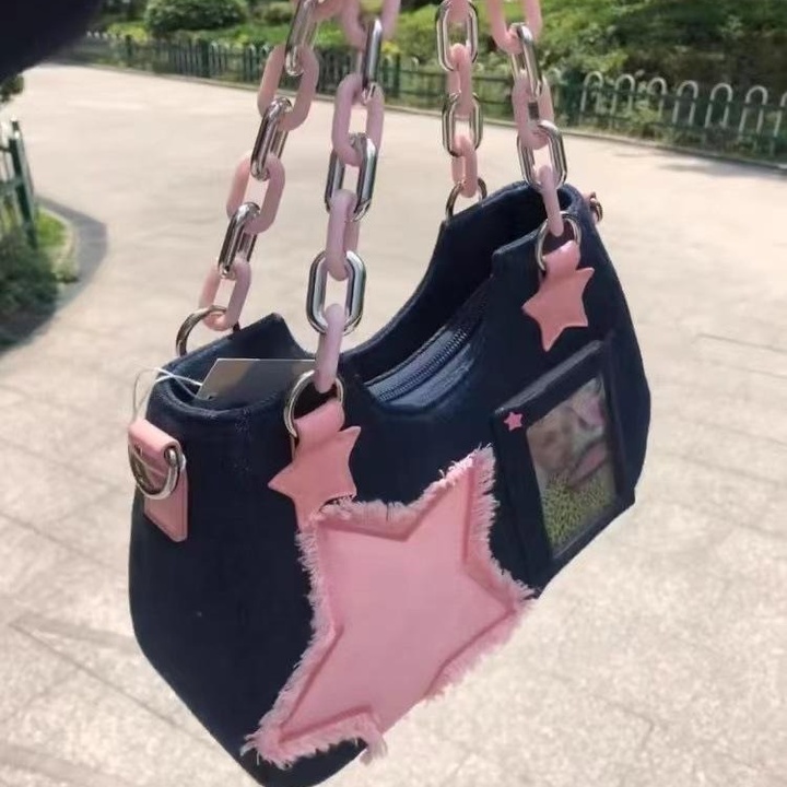 Star Patch Denim Shoulder Bag – Dark Indigo & Pastel Pink