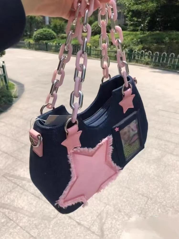 Star Patch Denim Shoulder Bag – Dark Indigo & Pastel Pink angle view
