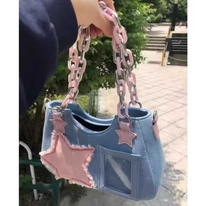 Star Patch Denim Shoulder Bag – Light Blue & Pastel Pink