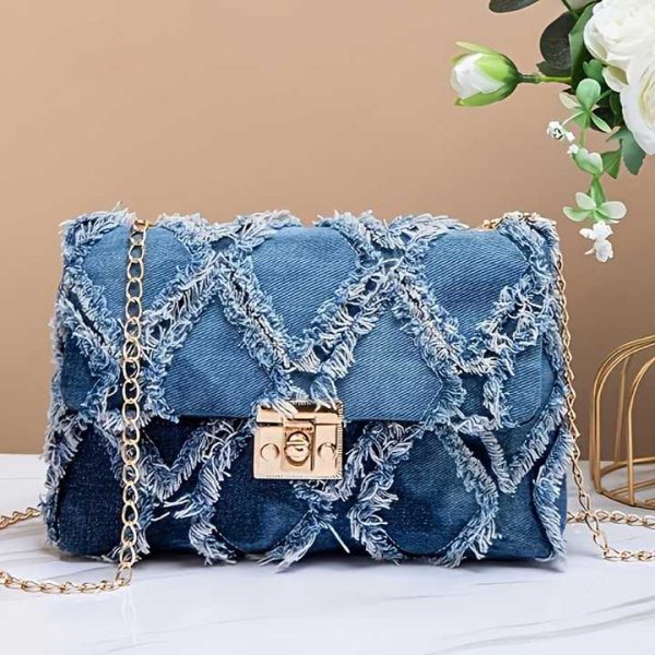 Frayed Quilted Denim Crossbody – Mid Indigo Blue