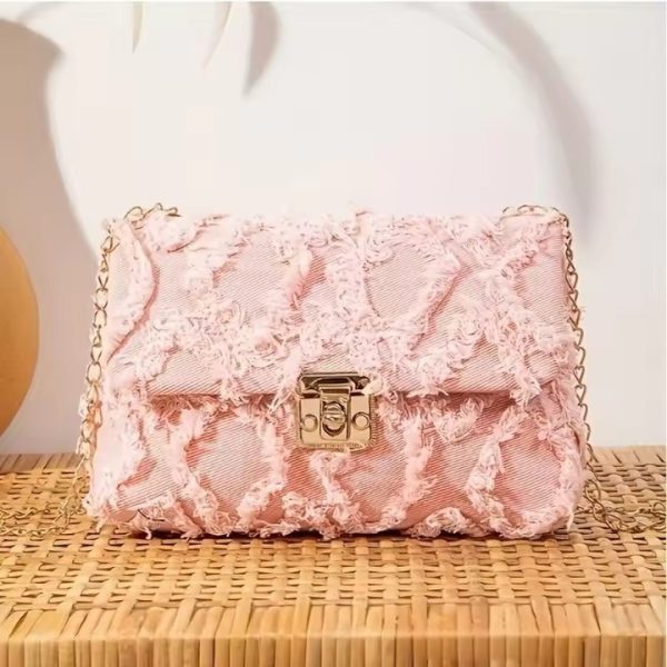 Frayed Quilted Denim Crossbody – Blush Pink