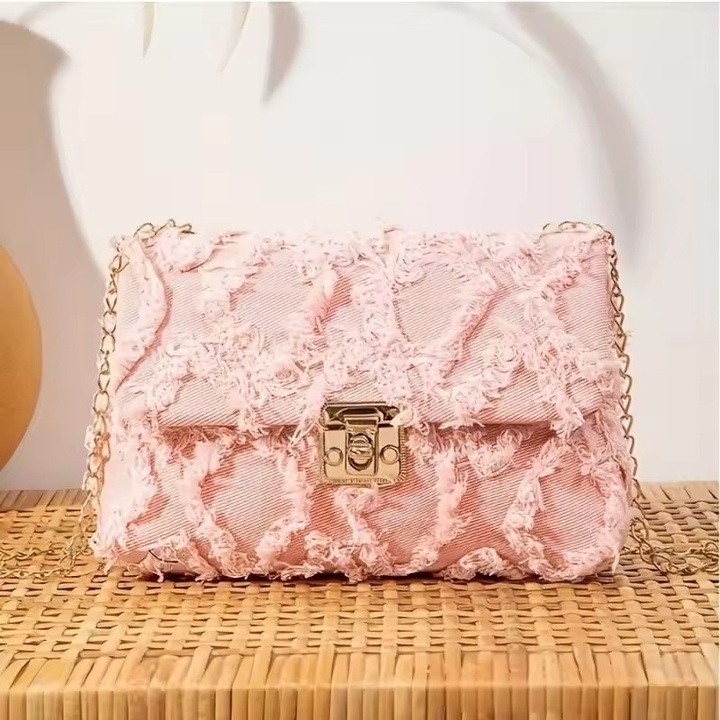 Frayed Quilted Denim Crossbody – Blush Pink